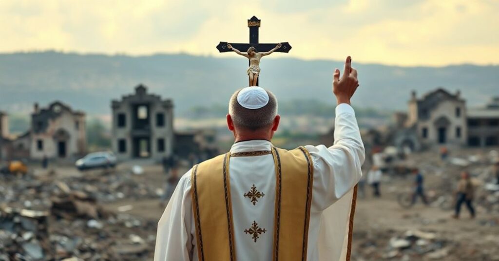 Kapelan katolicki w tradycyjnych szatach modli się o pokój przed zniszczonym ukraińskim krajobrazem.