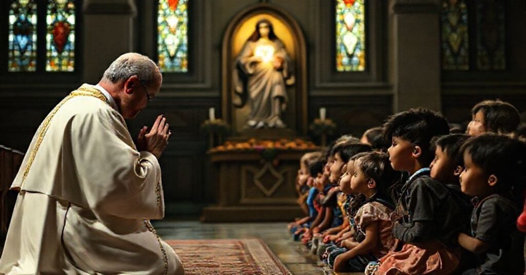 Kapelan katolicki w tradycyjnej szacie liturgicznej modli się za dzieci migranckie przed wizerunkiem Serca Jezusowego