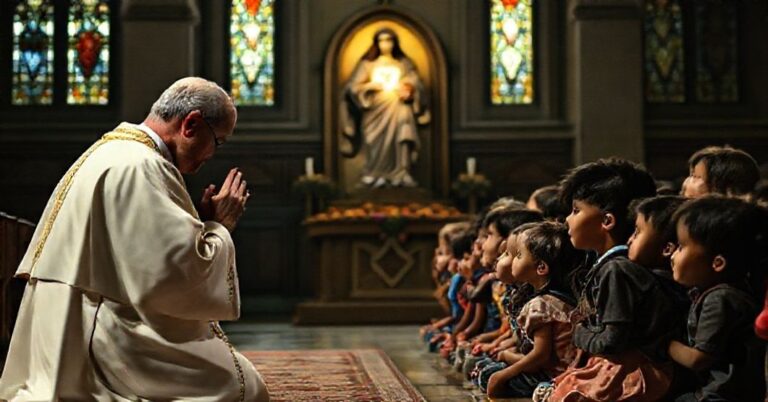 Kapelan katolicki w tradycyjnej szacie liturgicznej modli się za dzieci migranckie przed wizerunkiem Serca Jezusowego