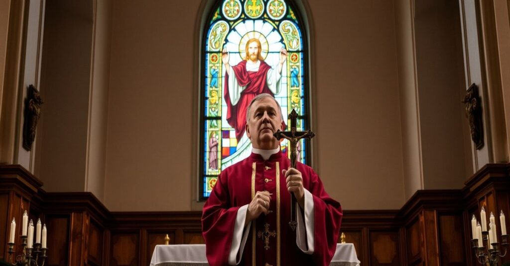 Kapelan modli się w tradycyjnym kościele katolickim przed witrażem przedstawiającym Chrystusa Króla, z symbolami cierpienia z wojny na Ukrainie w tle.