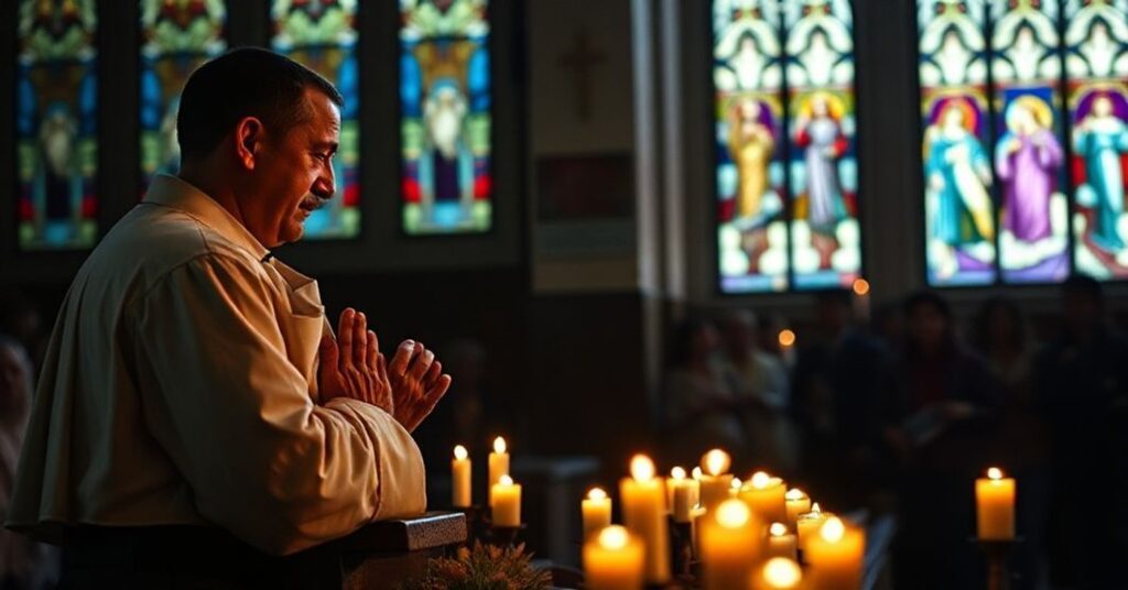 Kapelan modli się przed statuą Dzieciącym Jezusa w ciemnym koście, otoczony świeczkami i wizerunkami marszów przeciw aborcji.