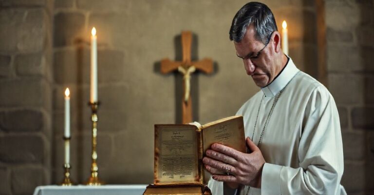 Kapelan w tradycyjnych szatach kapłańskich, stojący przed skromnym ołtarzem, z głęboką refleksją na twarzy, z książką Denzingera na ołtarzu, otoczony świetlistymi świecami.
