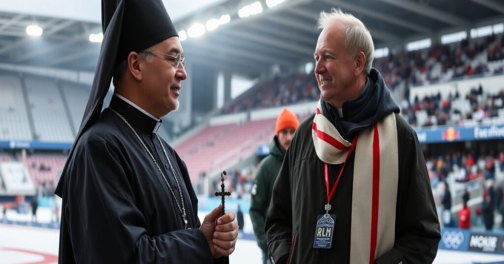 Człowiek w stroju kapłańskim modli się wśród olimpijczyków na tle stadionu Zimowych Igrzysk Olimpijskich w Mediolanie-Cortinie.