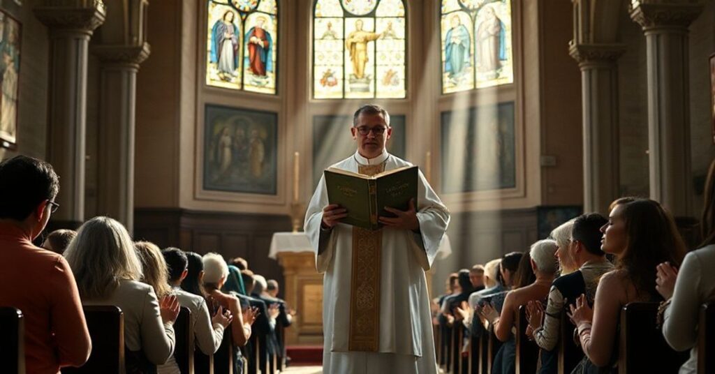 Wnętrze tradycyjnego kościoła katolickiego z kapłanem w sutannie stojącym przy ołtarzu, otoczonym kłaniającymi się wiernymi trzymającymi różańce. Scena jest oświetlona naturalnym światłem przelającym się przez witraże przedstawiające maryjne obrazy. Na ołtarzu widoczna jest księga z tytułem 'Quas Primas', symbolizująca Królewską władzę Chrystusa. Atmosfera pełna pokory i duchowej pobożności.