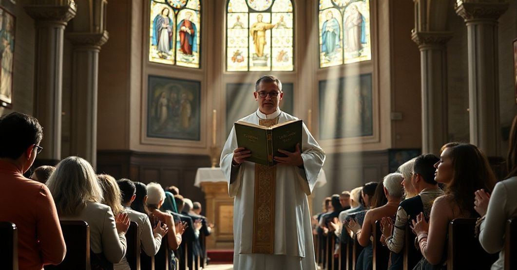 Wnętrze tradycyjnego kościoła katolickiego z kapłanem w sutannie stojącym przy ołtarzu, otoczonym kłaniającymi się wiernymi trzymającymi różańce. Scena jest oświetlona naturalnym światłem przelającym się przez witraże przedstawiające maryjne obrazy. Na ołtarzu widoczna jest księga z tytułem 'Quas Primas', symbolizująca Królewską władzę Chrystusa. Atmosfera pełna pokory i duchowej pobożności.