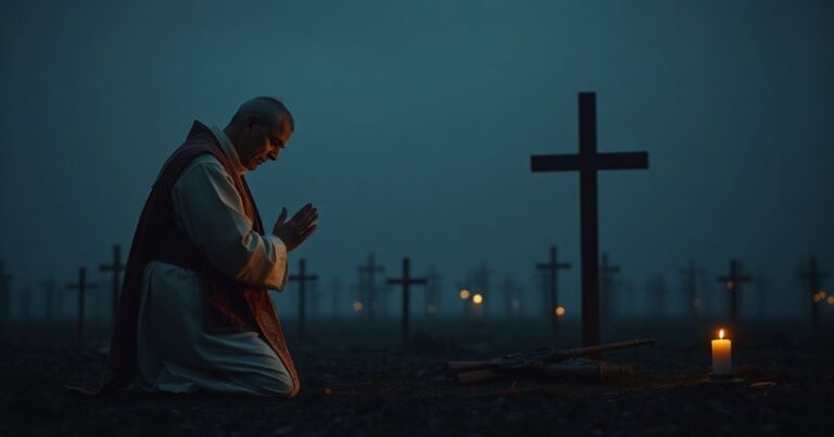 Kapelan katolicki modli się przed krzyżem na polu bitwy z czerwonymi statystykami wojny w tle