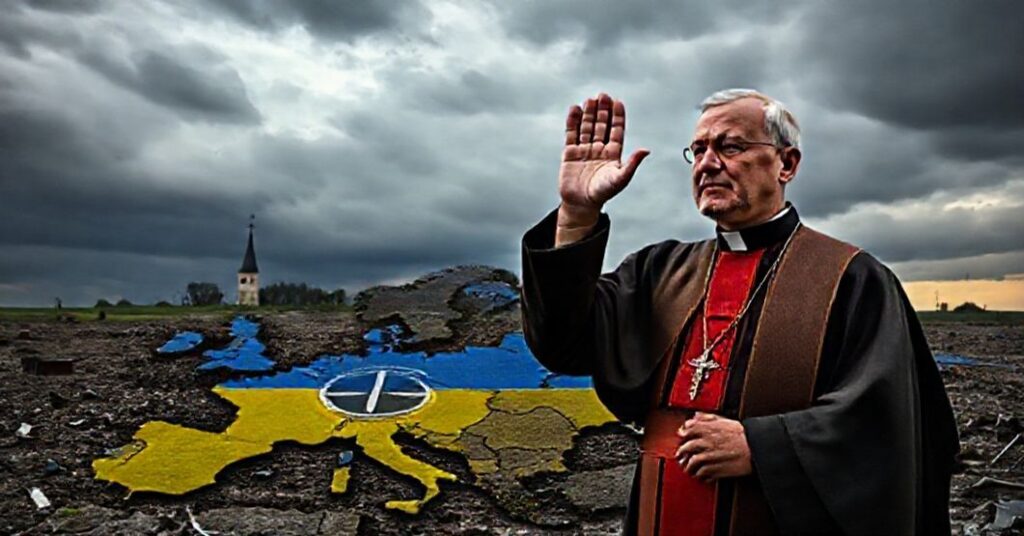 Kapelan katolicki w tradycyjnych szatach kapłańskich stoi w zniszczonym krajobrazie na Ukrainie, błogosławiąc mapę Europy oznaczona symbolami NATO i Rosji. Na tle burzowego nieba widoczna jest dzwonnica kościoła jako znak wiary.