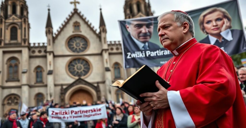 Kapelan w tradycyjnym stroju stojący przed kościołem z poważną twarzą, patrząc na budynek rządowy z banerem "Związki Partnerskie" na tle.
