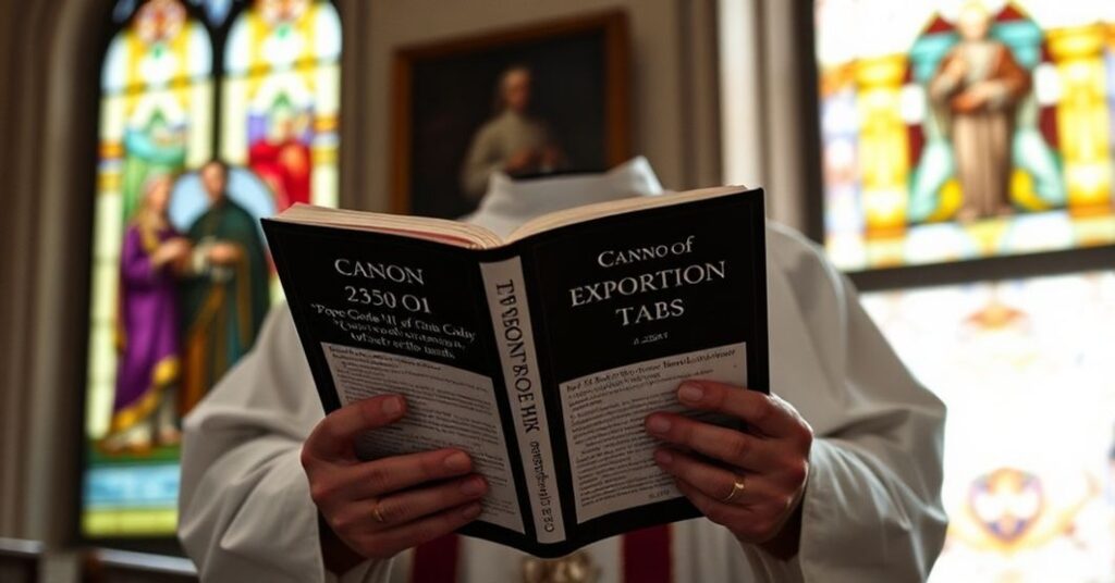 Kapelan w tradycyjnych ornatach trzyma kodeks prawa kanonicznego 1917 r. z podkreśleniem kanonu o ekskomunice za aborcję. W tle wizerunki Piusa XI i Piusa X symbolizujące niezmienną naukę Kościoła.