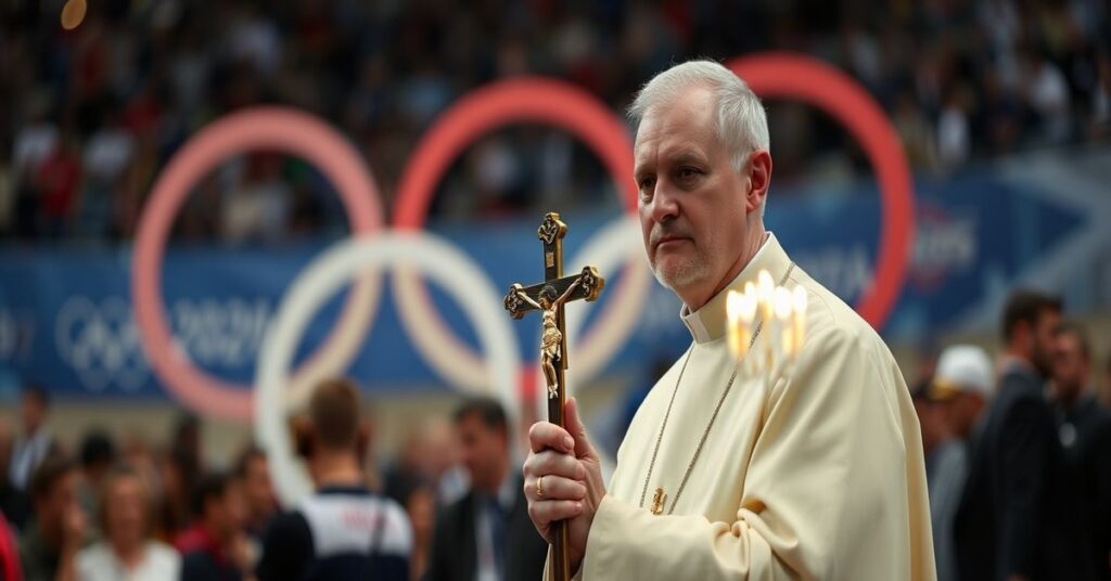 Ksiądz w szacie kapłańskiej trzyma krucyfiks podczas Zimowych Igrzysk Olimpijskich w Mediolanie 2026, kontrastując z nowoczesnymi symbolami olimpijskimi.