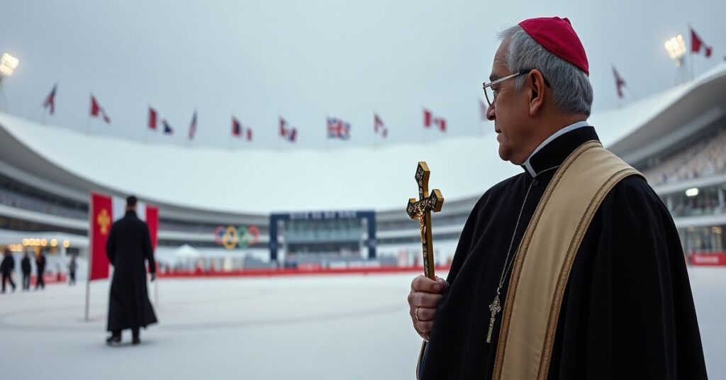 Kapelan katolicki w tradycyjnych szatach liturgicznych stoi w pokrytej śniegiem placu obok obiektu olimpijskiego, trzymając krzyż i patrząc z rozczarowaniem na odległe flagi olimpijskie.