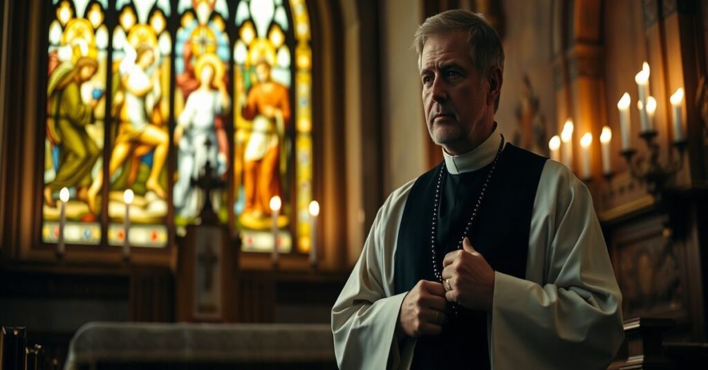 Kapelan z trójcą w ręku stojący przed ołtarzem w tradycyjnym kościele katolickim