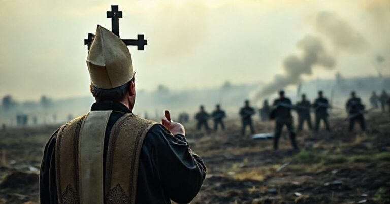 Kapelan katolicki modli się w Pokrowsku podczas wojny, trzymając krzyż, wołając do narodów o powrót do Chrystusa Króla.