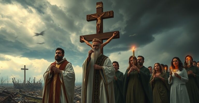 Kapelan prowadzi pokutną procesję z krzyżem, tło burzliwego nieba nad zniszczoną działalnością huraganu Melissa.