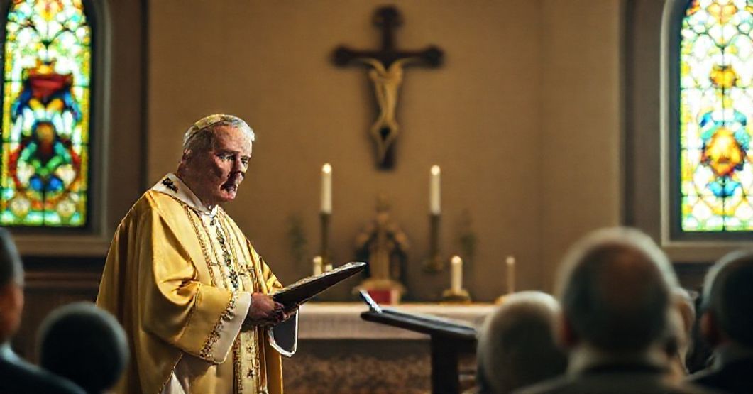 Kapelan w tradycyjnym stroju kościelnym praśnie kazań o moralnym upadku i podziałach w Kościele