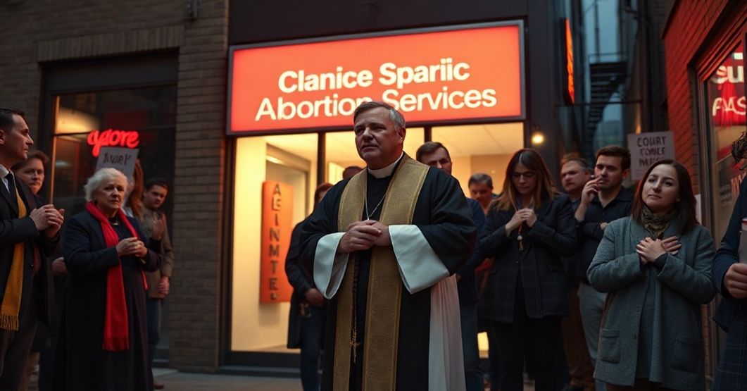 Kapelan w tradycyjnym stroju kapłańskim modli się przed kliniką aborcyjną Planned Parenthood, podczas gdy protestujący trzymają krzyże i różańce. Scena jest ciemna i przerażająca.