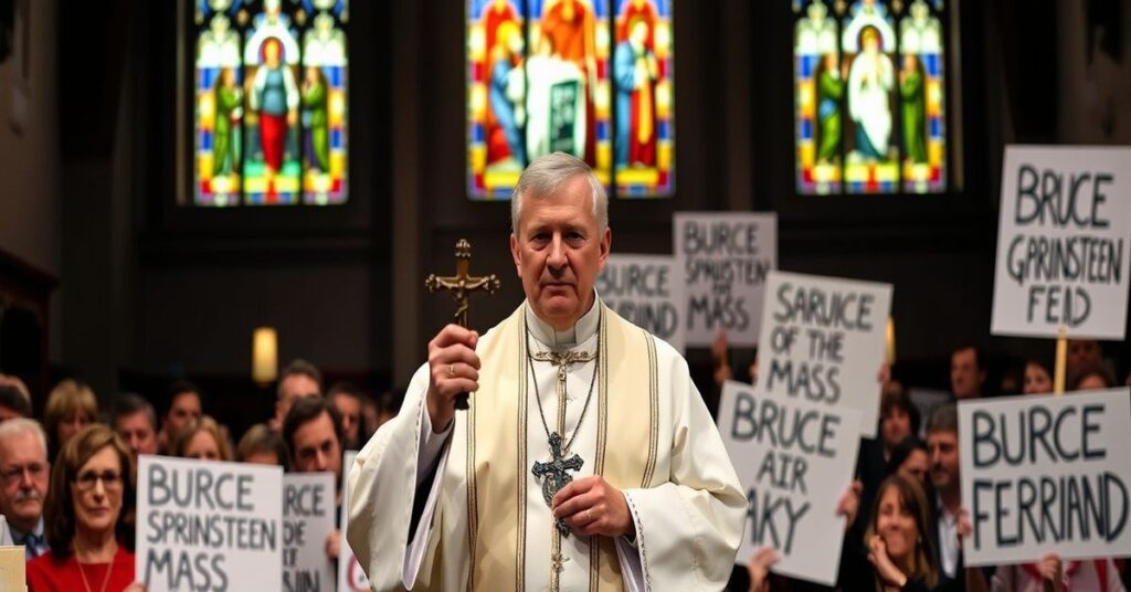 Kapelan w tradycyjnym stroju kościelnym przemawia do zgromadzonego tłumu z krzyżem w ręku przed ołtarzem