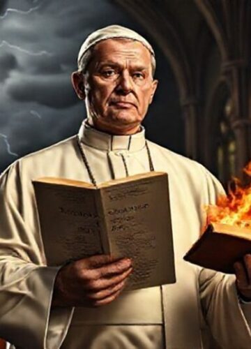 Kapelan przeciw herezji 'wolności religijnej' Kapelan w tradycyjnym stroju kościelnym trzyma kopię Syllabus Errorum przed tłumem w środku gotyckiego kościoła