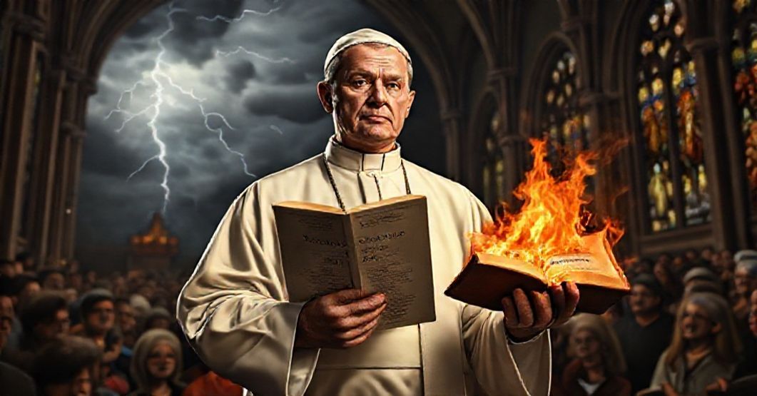 Kapelan przeciw herezji 'wolności religijnej' Kapelan w tradycyjnym stroju kościelnym trzyma kopię Syllabus Errorum przed tłumem w środku gotyckiego kościoła