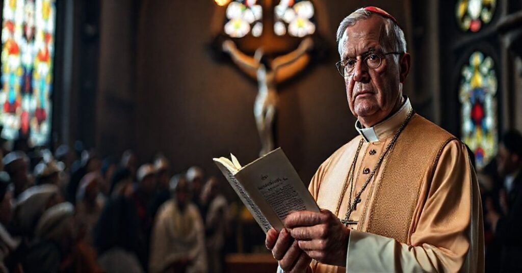 Katolicki kapłan w tradycyjnych szatach liturgicznych stoi przed krzyżem, trzymając dokument 'Nostra Aetate', wyrażając zaniepokojenie wobec synkretyzmu religijnego.