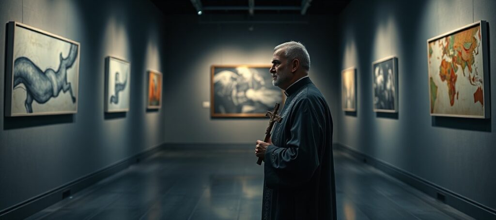 Kapelan w tradycyjnych szatach liturgicznych stojący przed pustą galerią sztuki współczesnej z abstrakcyjnymi dziełami sztuki
