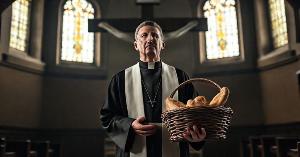 Kapelan w tradycyjnym stroju kościelnym stoi w ciemnej kaplicy z koszykiem chleba przed pustym krzyżem - symbolizujący brak zbawienia w materialistycznej caritas