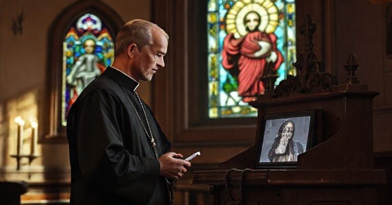 Kapelan w habit dominikańskim stoi przed spowiedzią z różańcem, patrzący na zniekształcony obraz zmarłego wygenerowany przez sztuczną inteligencję