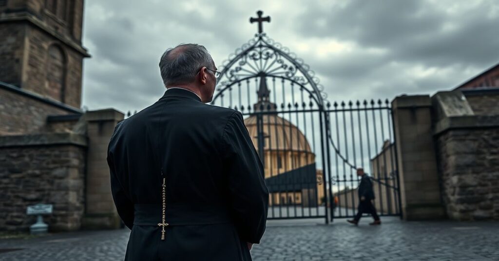 Kapelan katolicki w tradycyjnym ornaty stoi przed zamkniętymi bramami więzienia, trzymając różaniec i patrząc na daleką sylwetkę mężczyzny odchodzącego.