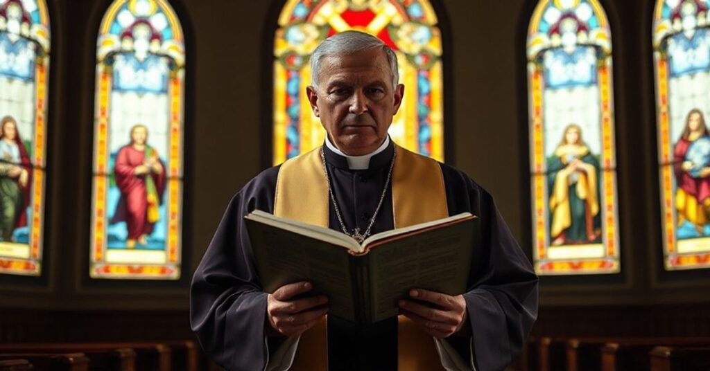 Kapelan katolicki w tradycyjnych szatach liturgicznych refleksuje nad konfliktem politycznym