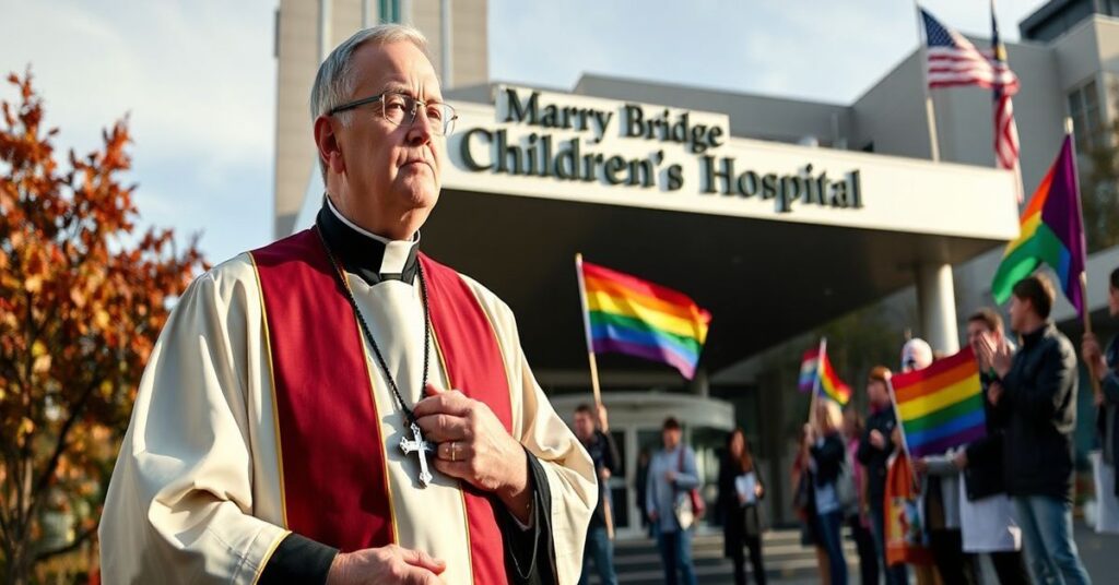 Kapelan w habitach przed szpitalem Mary Bridge w Tacomie z modlącym się wyrazem twarzy przeciwko procedurom genderowym