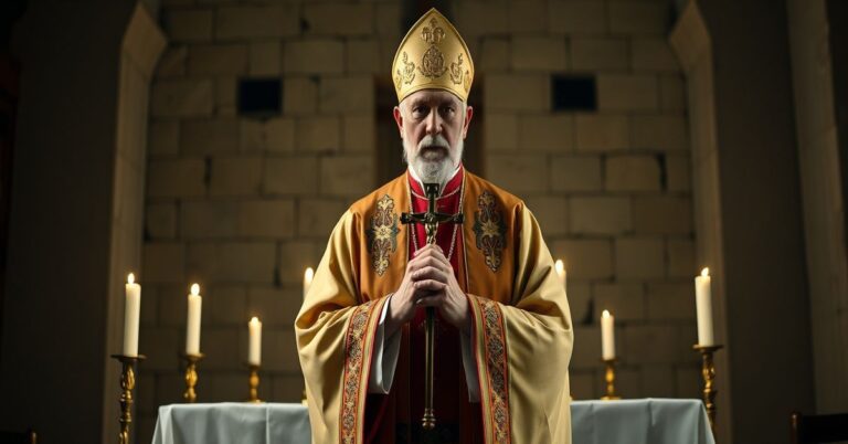 Kapelan katolicki w tradycyjnych szatach duszpasterskich stoi przed ołtarzem w Jerozolimie, symbolizując tradycyjną postawę wobec współczesnych kompromisów ekumenicznych.