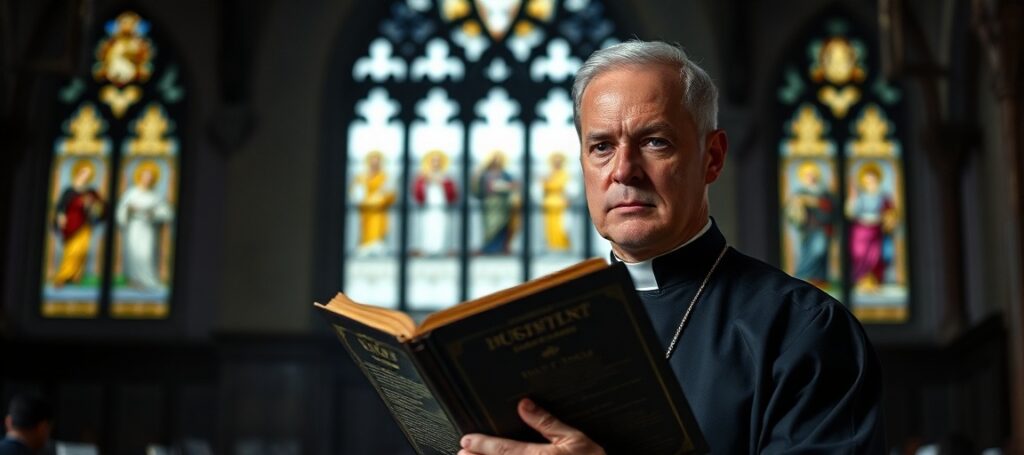 Kapełan trzymający rękopis w kościelnej świątyni z witrażami przedstawiającymi Chrystusa Słowo.