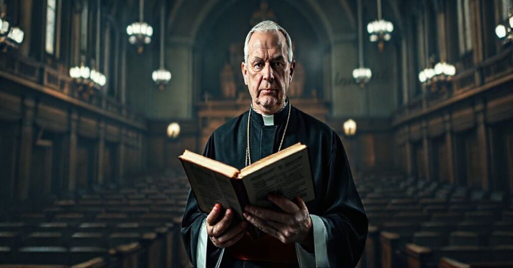 Kapelan katolicki stoi w ciemnym kościele, trzymając otwartą Biblię, symbolizując kryzys duchowy w nowoczesnym konserwatyzmie