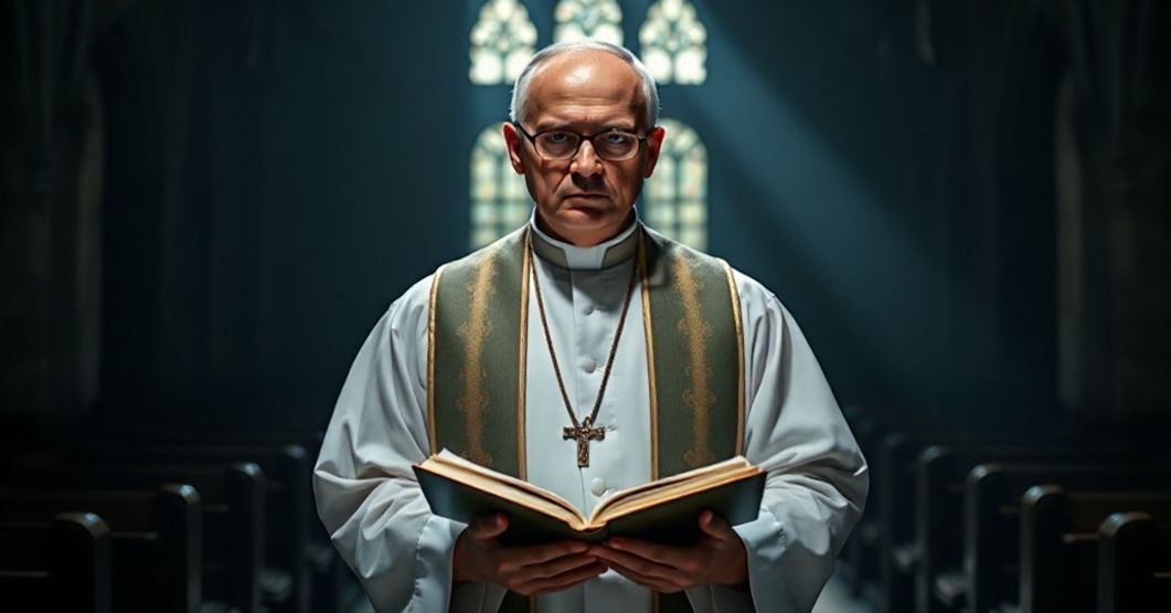 Kapelan w tradycyjnych szatach liturgicznych trzymając Biblię w ciemnym kościele, symbolizujący konflikt między prawdą boską a relatywizmem współczesnej literatury.