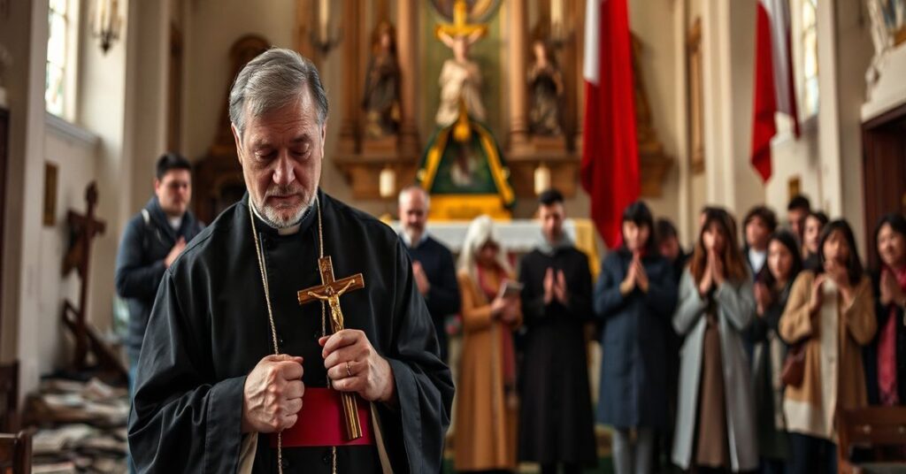 Kapelan w tradycyjnym ornacie modli się przed splądrowanym ołtarzem w kościele w Polsce, otoczony przez grupę katolików wyrażających determinację i wiarę podczas ataku na chrześcijańskie wartości.