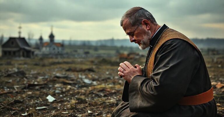 Kapelan katolicki modli się w ruinach Donbasu na tle wojny
