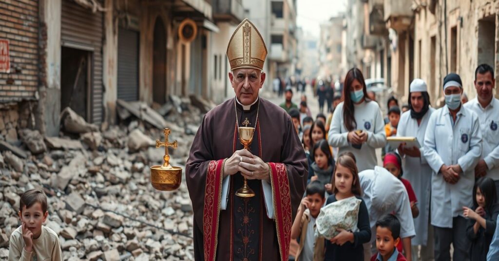 Kapelan katolicki w tradycyjnej szacie liturgicznej trzymający Monstrancję w zniszczonych uliczkach Strefy Gazy otoczony przez dzieci w potrzebie.