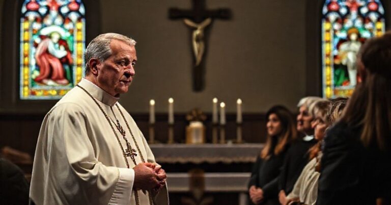 Kapelan w tradycyjnych szatach kościelnych przemawia do wiernych w czytej kaplicy o duchowej walce o życie.