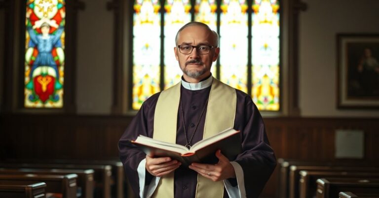 Kapelan katolicki w tradycyjnych szatach liturgicznych trzyma brewiarz, świetliste okna witrażowe tworzą spokojne oświetlenie.