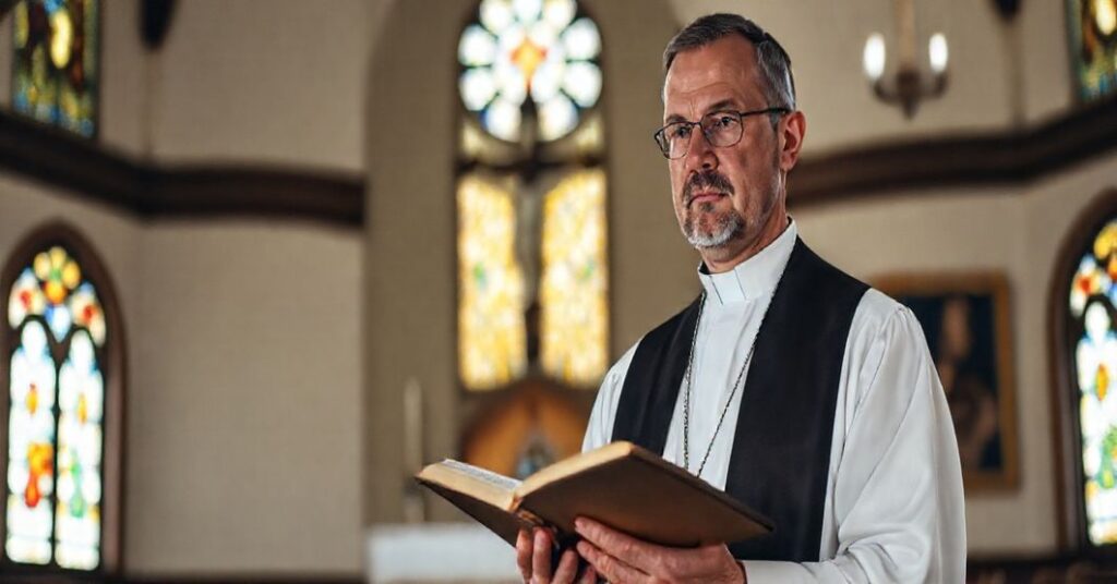 Kapelan w tradycyjnych szatach kościelnych stoi w ciemnej kaplicy z otwartą Biblią, rozmyślając nad herezjami modernizmu.