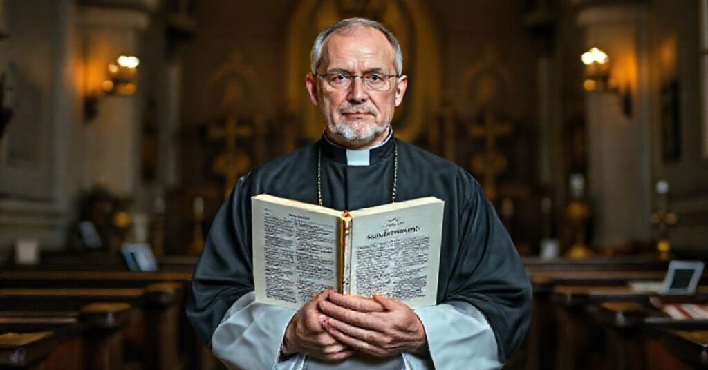 Kapelan w tradycyjnym ornacie w ancienneskiej kaplicy trzyma "Tygodnik Powszechny" z tytułem widocznym na okładce. Scena symbolizuje upadek prawdy w erze cyfrowej.