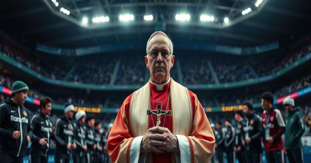 Kapelan katolicki w tradycyjnym stroju liturgicznym stojący w oświetlonym stadionie olimpijskim w Mediolanie podczas Zimowych Igrzysk Olimpijskich, otoczony sportowcami w nowoczesnych ubiorach sportowych.