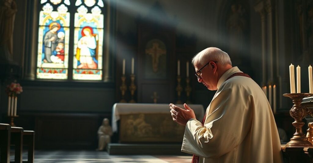 Kapelan katolicki w tradycyjnych szatach liturgicznych modli się przed tabernakulum w świetlista kaplicy.