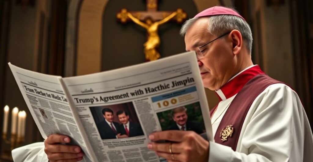 Kapelan katolicki w tradycyjnych ornatach modli się przed krzyżem, trzymając gazetę z tytułem o porozumieniu Trumpa z Xi Jinpingiem, wyrażając troskę moralną i duchową zaniepokojenie.