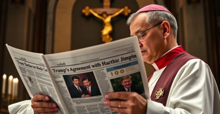 Kapelan katolicki w tradycyjnych ornatach modli się przed krzyżem, trzymając gazetę z tytułem o porozumieniu Trumpa z Xi Jinpingiem, wyrażając troskę moralną i duchową zaniepokojenie.