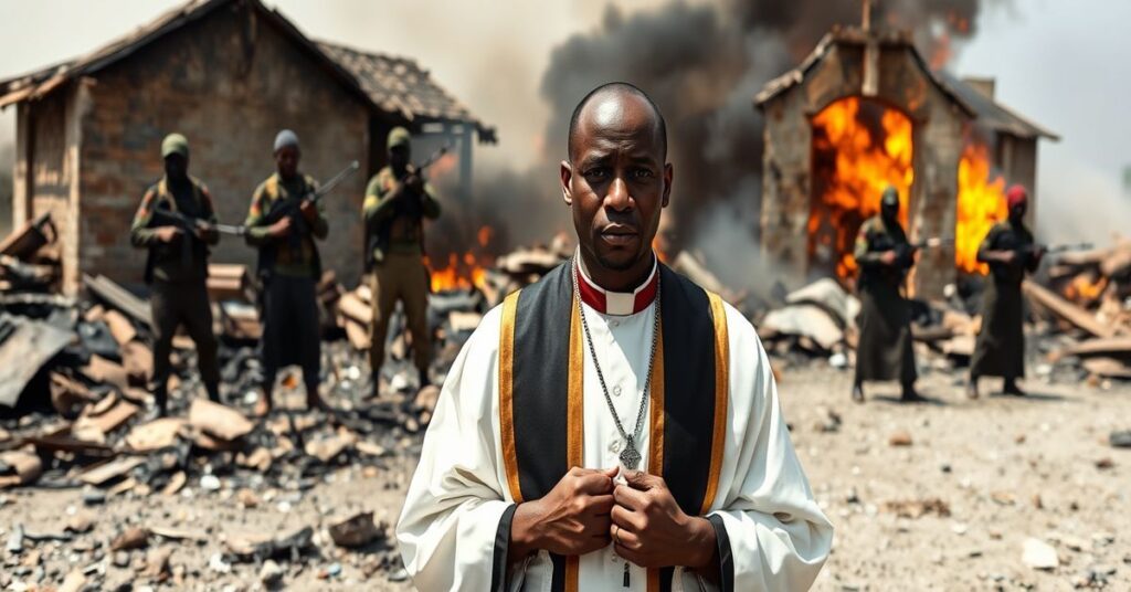 Kapelan katolicki stoi w ruinach spalonego kościoła w Nigerii, trzymając różaniec podczas ataku bojowników Boko Haram na cywilów