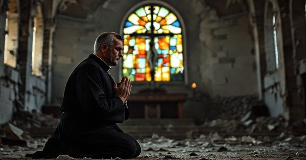 Kapelan modli się przed zniszczonym kościołem w Strefie Gazy, symbolizując duchową pustkę konfliktu bez Chrystusa