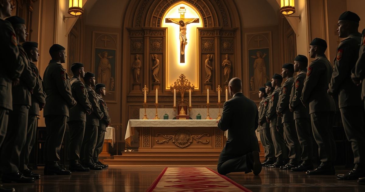 Kapelan katolicki w mundurze wojskowym modli się przed ołtarzem z krucyfiksem, otoczony żołnierzami, wyraz duchowości i oddania Kościołowi