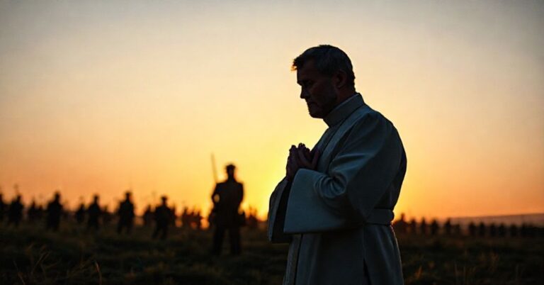 Katolicki kapelan w tradycyjnym ornaty stoi modlitewny na polu bitwy, otoczony zdeterminowanymi żołnierzami