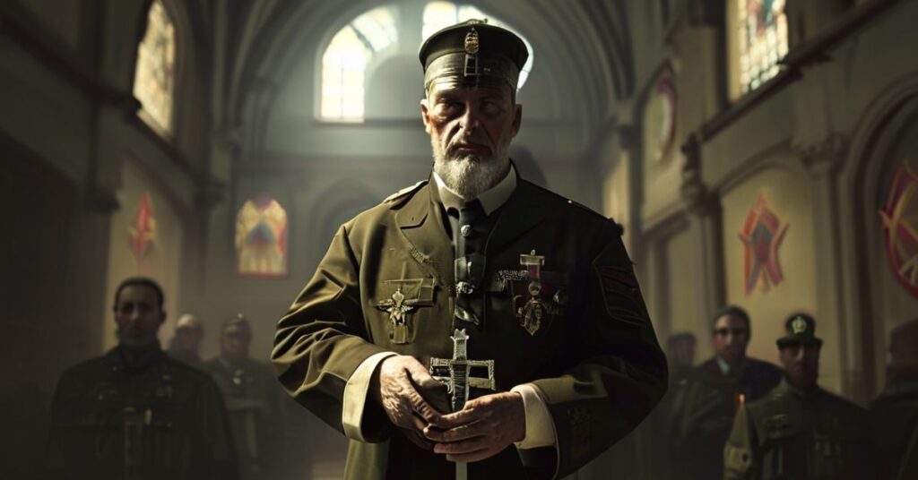 Tradycyjny księż w mundurze kapelana wojskowego w ciemnym koście z krzyżem żastoć